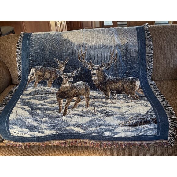 Deer Buck Doe Tapestry Throw Blanket Millette Lodge Cabin Man Cave Home Decor - Picture 1 of 7